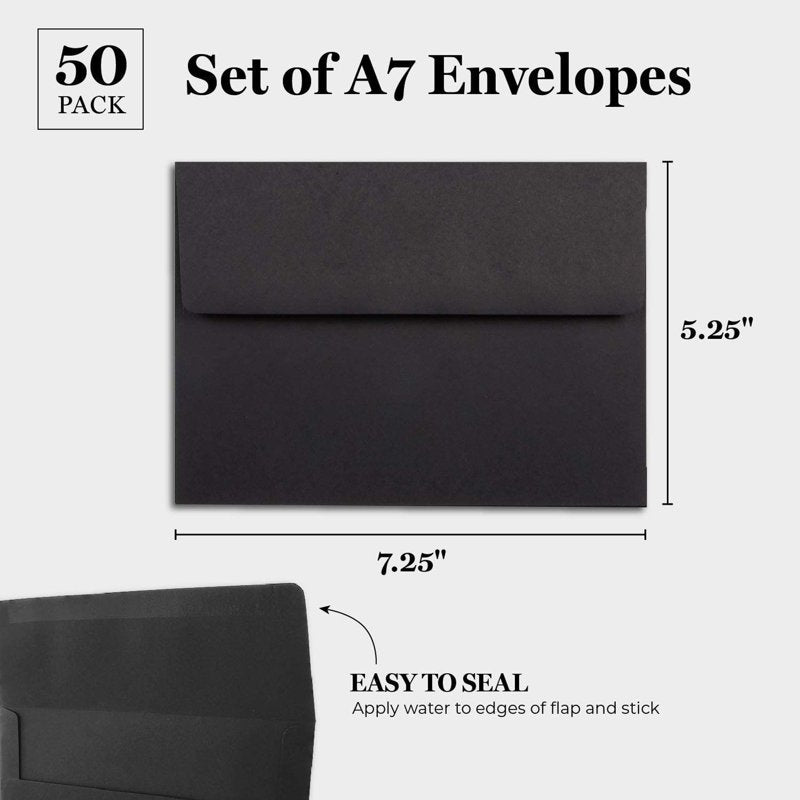 Black 5x7 Envelopes 50-Pack - Matte Water-Activated Seal for Invitations & Cards