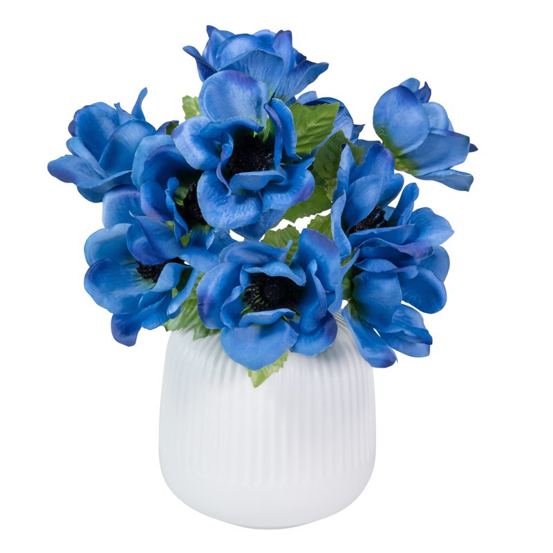 Artificial Anemone Flower Pick - Blue, 5-Head, 13 Inch Indoor Decor