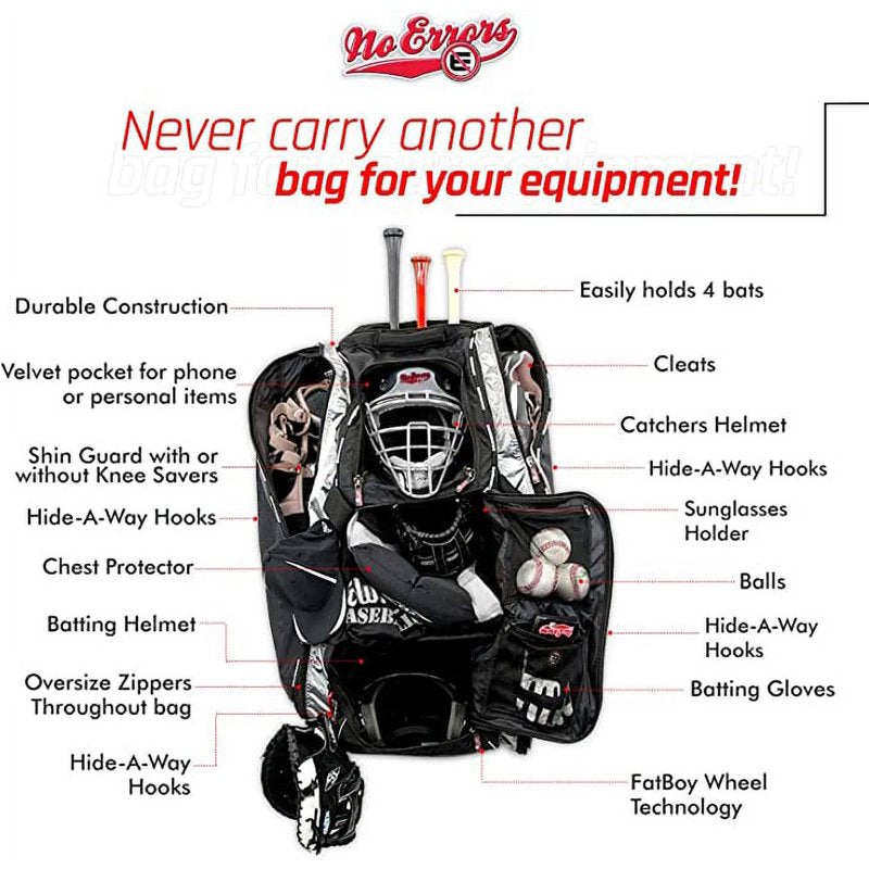 No Error Sports Baseball Bat Bag with Wheels - Spacious 15-Pocket Gear Organizer