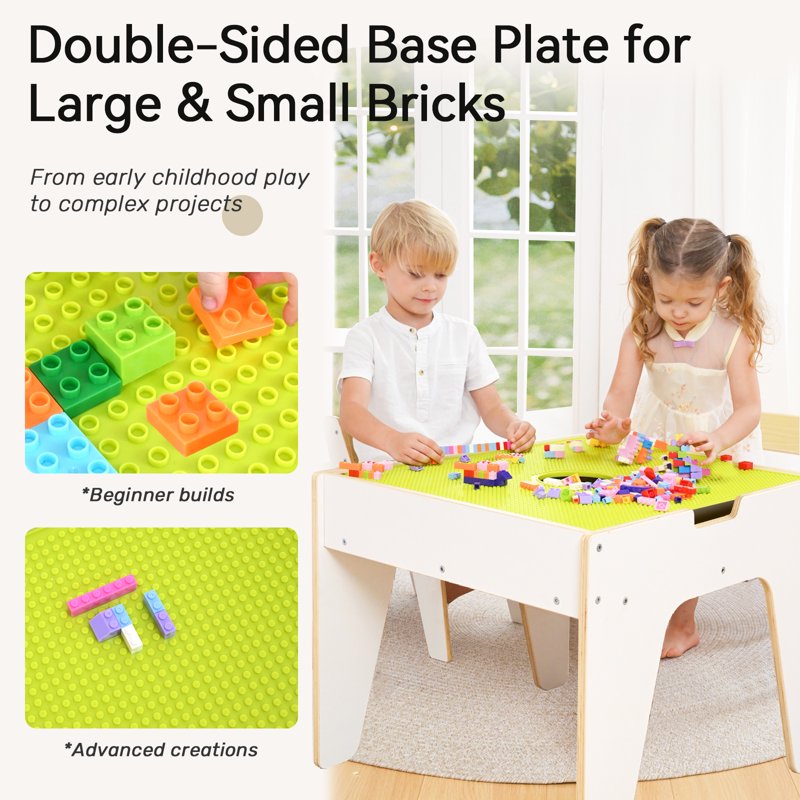 Kids Reversible Wooden Activity Table & Chair Set with Storage and Building Blocks