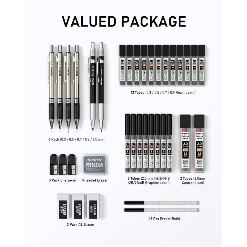 Mechanical Pencil Set for Artists and Professionals with 6 Pencils and Refill Leads