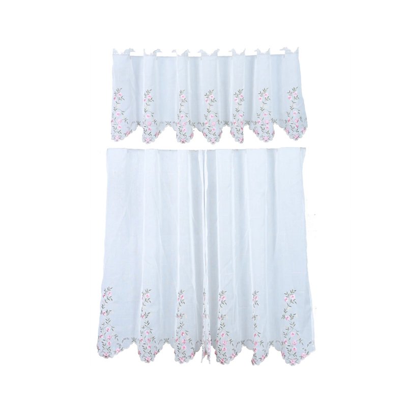 Sheer White Kitchen Curtain Set with Embroidered Flower Design – Multiple Sizes