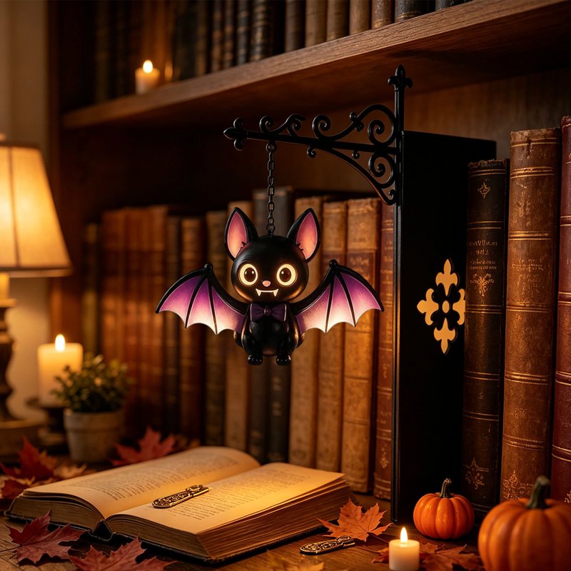 Bat Variation Halloween Bookshelf Lamp - Vintage Ghost Library Light with Bookend Base
