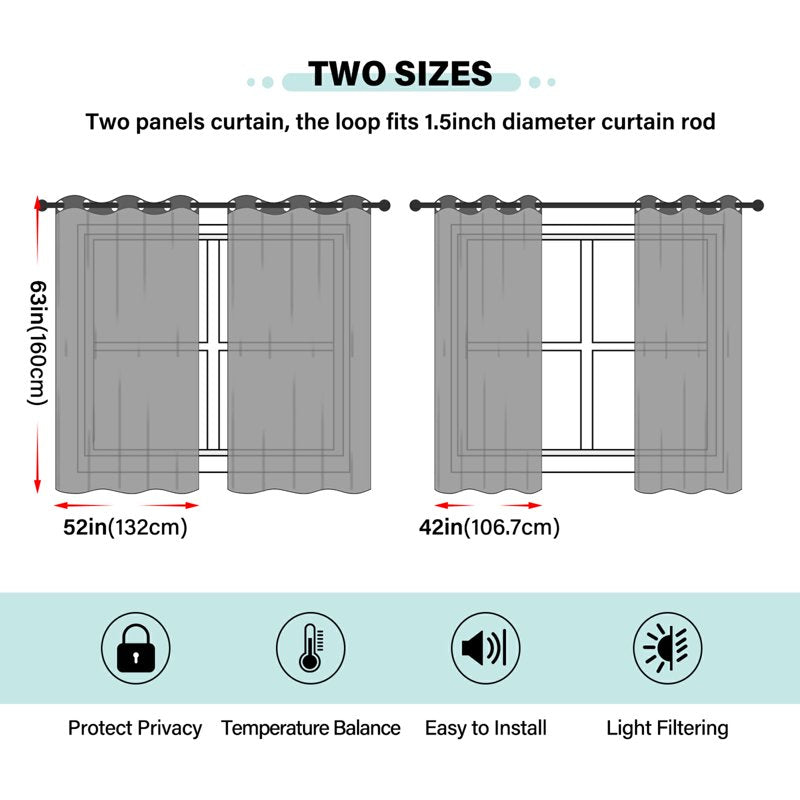Sheer Curtain Set 2 Panels Grommet Light Filtering Drapes for Bedroom & Living Room