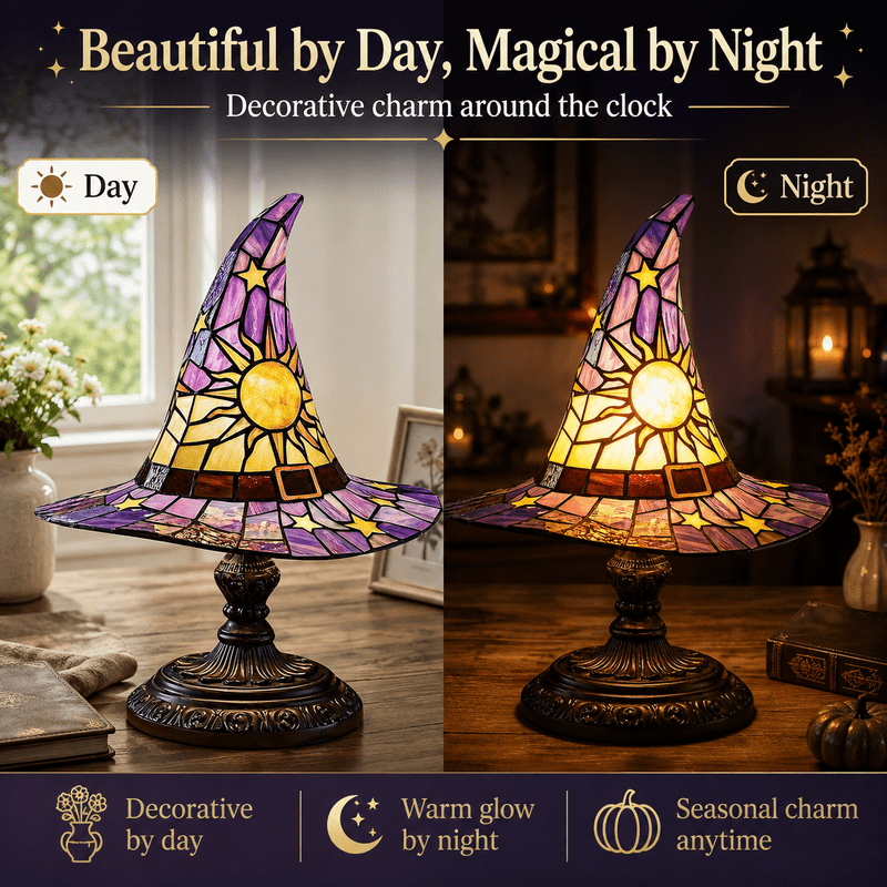 Gothic Stained Glass Witch Hat Lamp Halloween Night Light Decor - 12 Inch