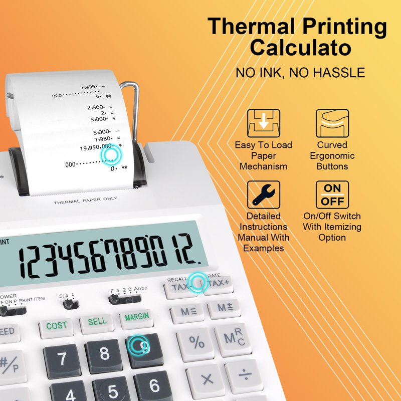 Thermal Printing Calculator with 12-Digit LCD, Fast 4 Lines/sec, Home & Office