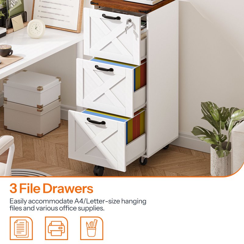 Farmhouse Mobile File Cabinet with Lock & Printer Stand - White & Walnut