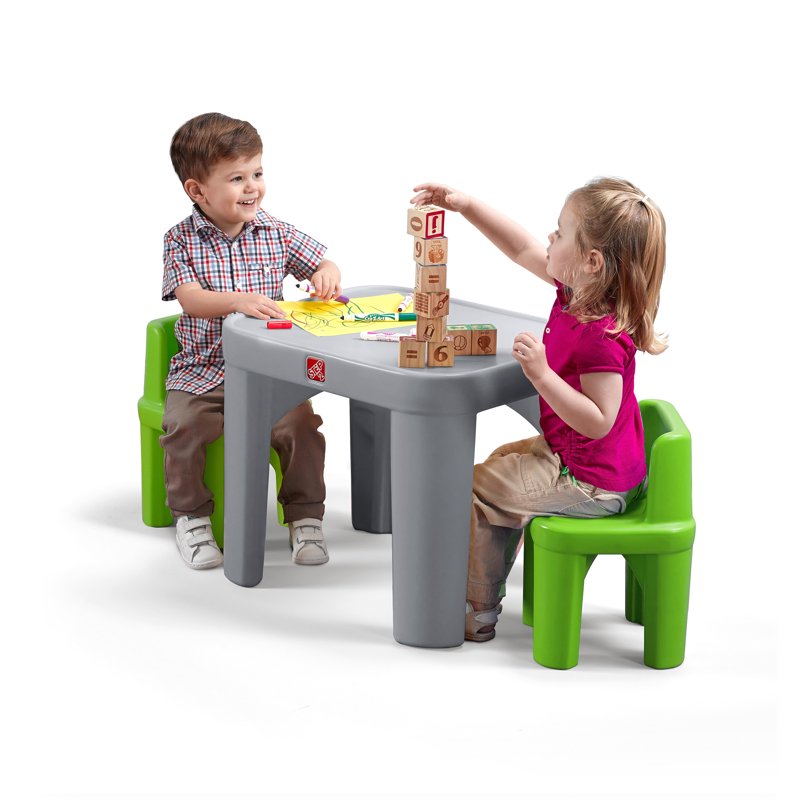 Kids Plastic Toddler Table and Chairs Set - Gray, 2 Chairs, Easy Clean