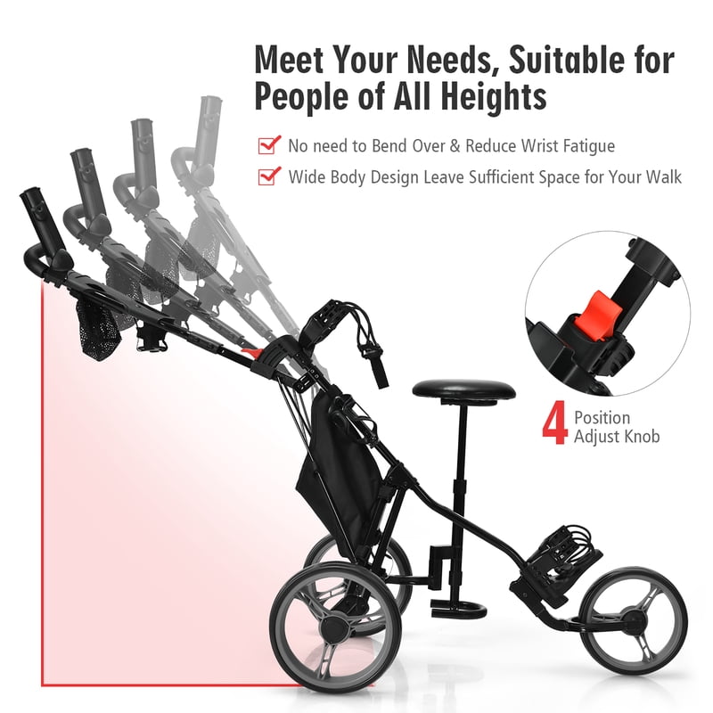 Goplus Folding 3-Wheel Golf Push Cart with Seat, Scoreboard & Adjustable Handle - Grey (Variation: Grey)