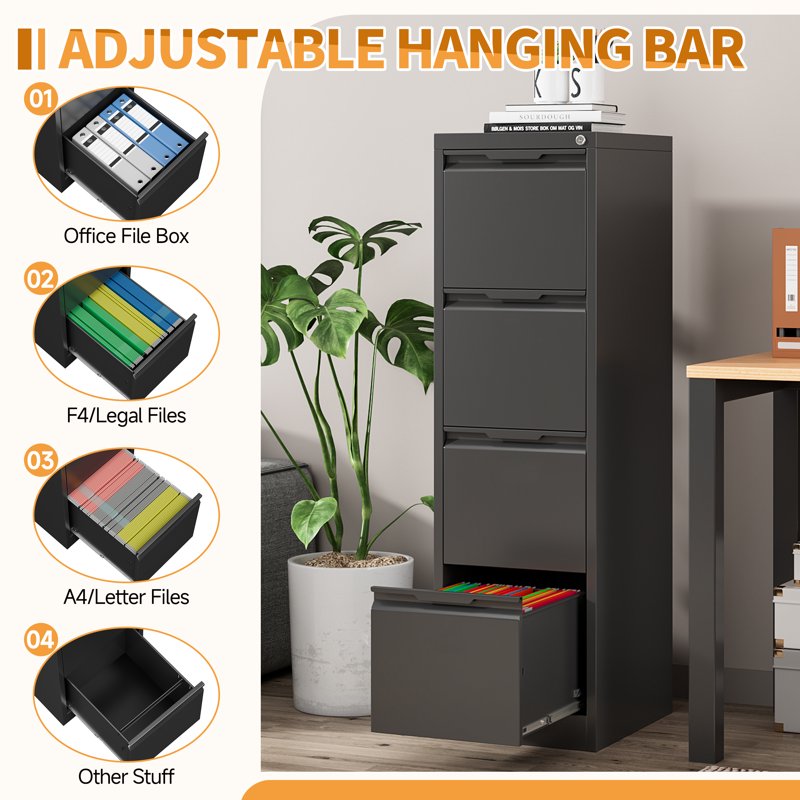 Metal File Cabinet with Lock, 4 Drawers Home Office Storage Organizer