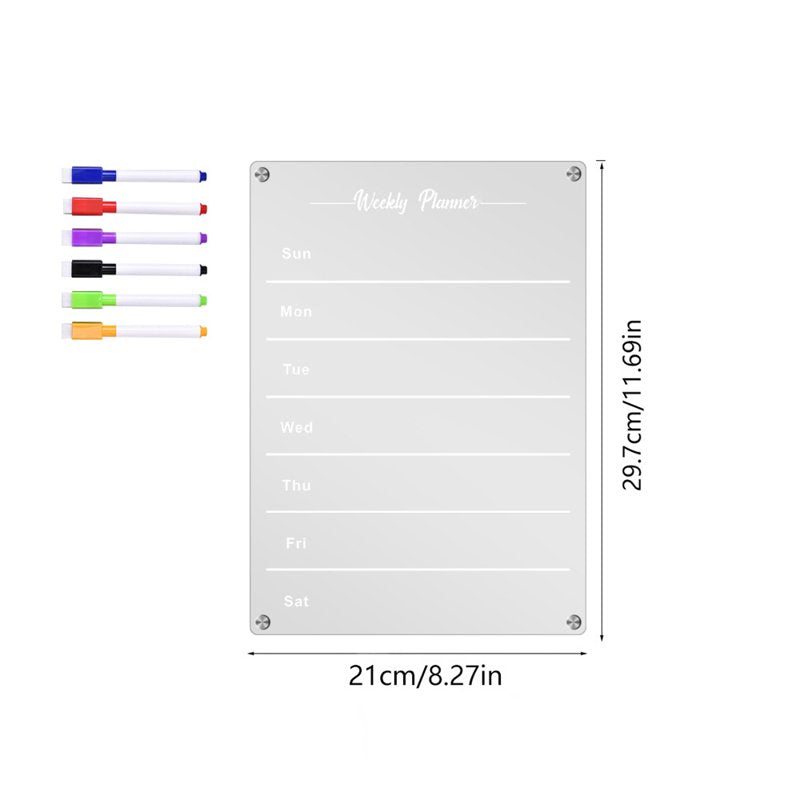 Magnetic Weekly Meal Planner Board for Fridge with Markers - Clear Acrylic Kitchen Organizer