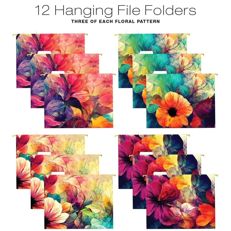 12 Hanging File Folders with Metal Basket - Colorful Abstract Floral Design