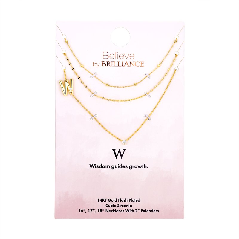 Gold Flash Plated Initial Necklace Set with Cubic Zirconia - 3 Layer Cute Jewelry