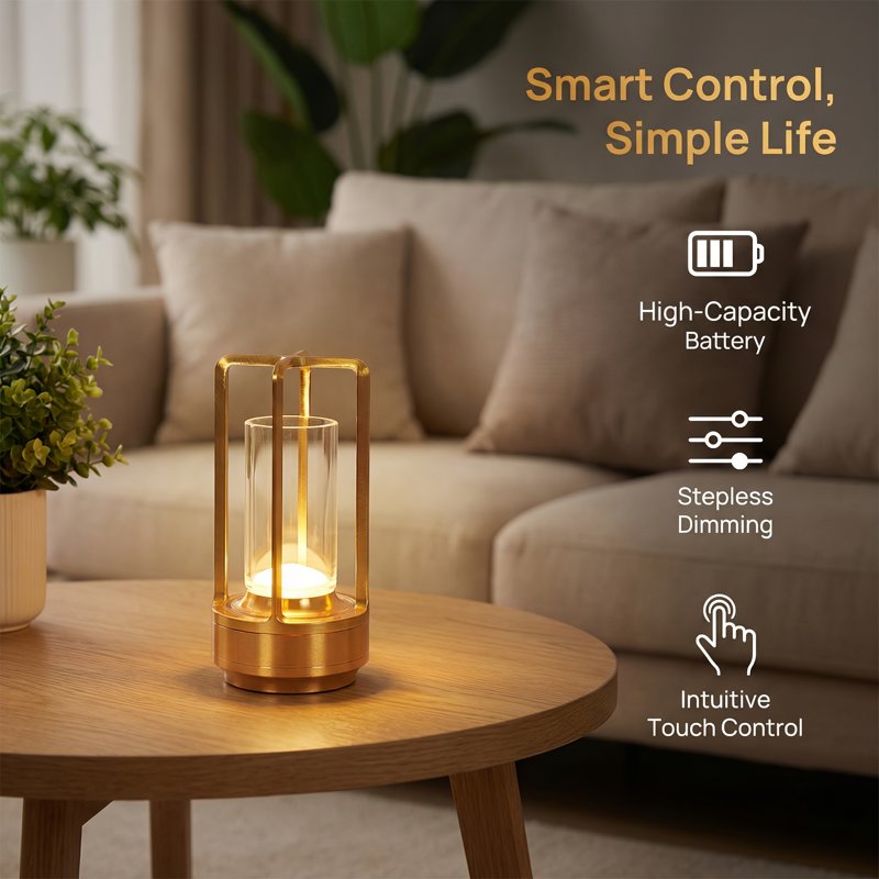 Rechargeable Touch Control Glass Table Lamp Set - Dimmable LED Ambient Light for Bedroom & Home Decor - Gold, Black, Silver