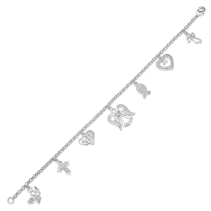 Women's Diamond Charm Bracelet Set - Silver Plated Brass, 7.25 Inch