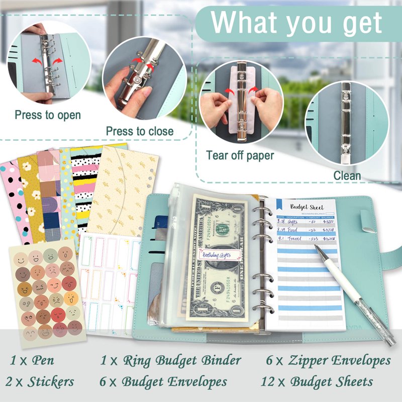 Money Saving Binder with Cash Envelopes and Zipper Pockets - Budget Organizer Set