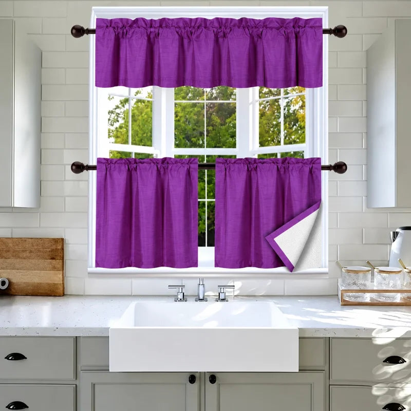 Faux Silk Blackout Kitchen Curtain Set - 3-Piece Window Treatment with Valance