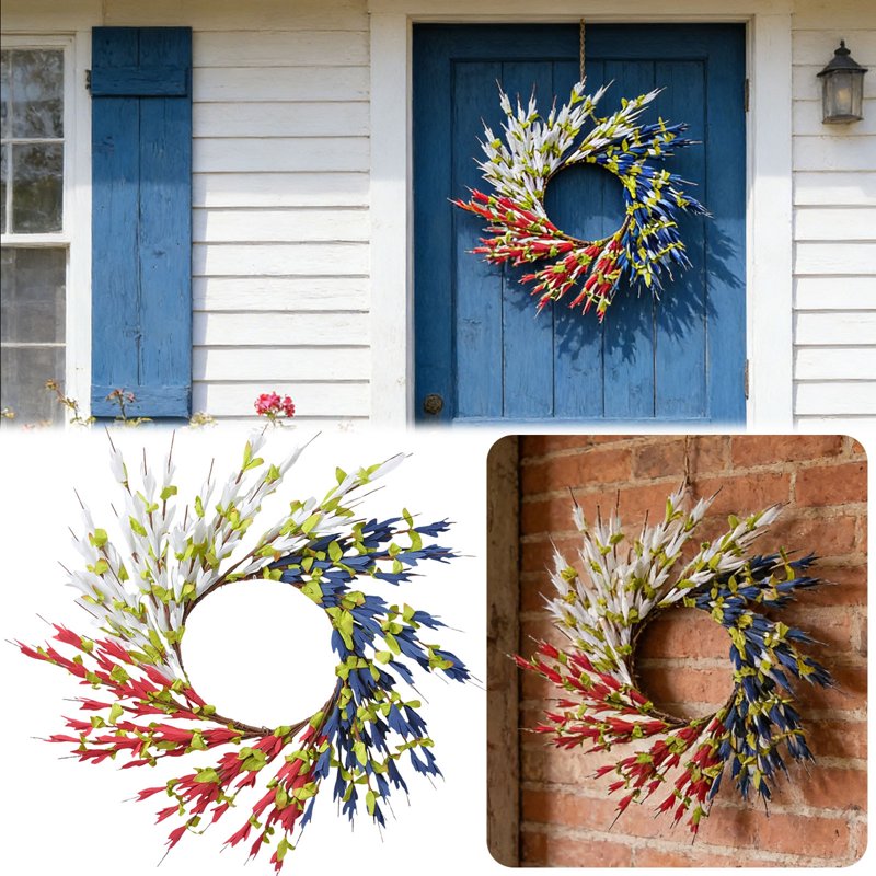 Patriotic 4th of July Wreath - Red White Blue Artificial Foliage for Front Door Decor