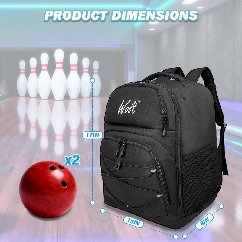 WOLT 2-Ball Bowling Backpack Bag with Protective Foam & Shoe Compartment – Black