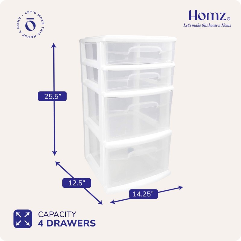 4-Drawer Clear Plastic Storage Tower with Wheels - Home Organization