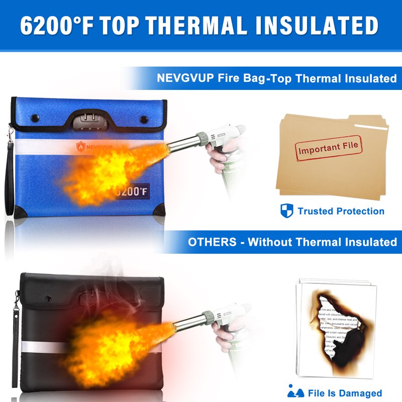 Fireproof Document Bag with Lock 6200°F Heat Insulation 14.2x11 Inches