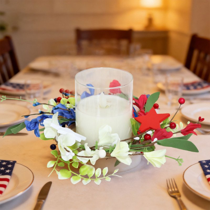 Patriotic Candle Ring Wreath for 4th of July Memorial Day Decor - Red White Blue Floral & Star Accents