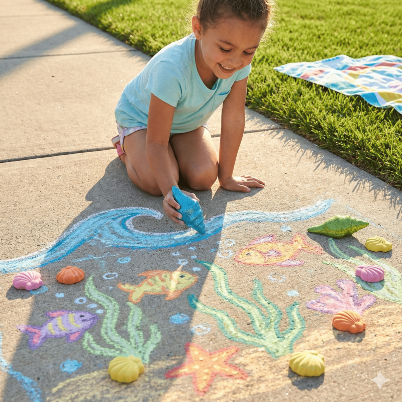 Kids Shell-Shaped Sidewalk Chalk Set - Beach Themed 14-Piece Outdoor Art