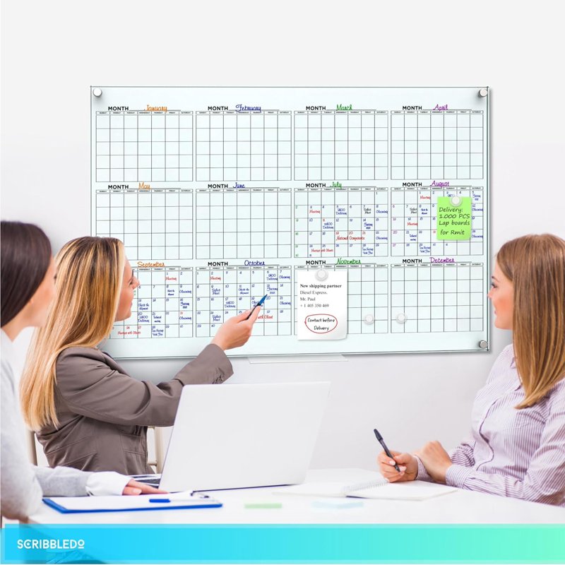 Magnetic Glass Whiteboard Calendar 24x36 Inch Wall Planner Dry Erase Board
