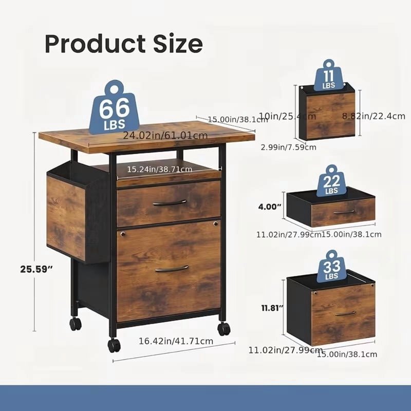 24 Inch Mobile File Cabinet with 2 Drawers & Printer Stand - Office Organizer
