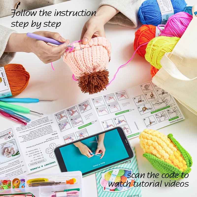 Crochet Kit for Beginners Adults with 18 Acrylic Yarn Skeins & Hooks — Complete Craft Set