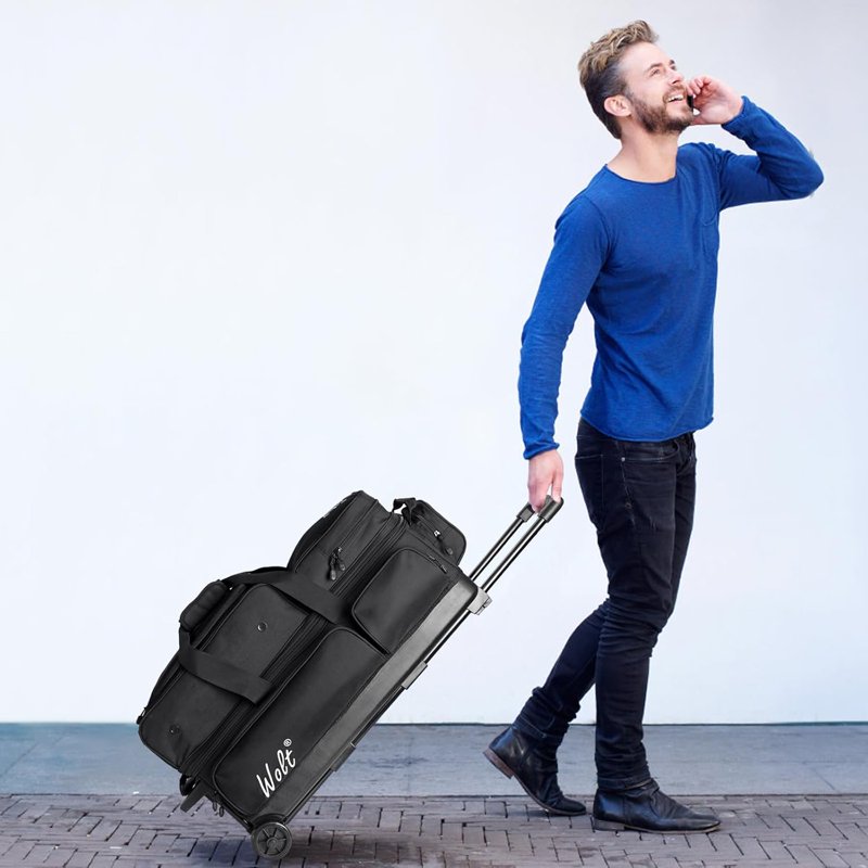 Bowling Ball Bag with Wheels 3-Ball Capacity, Shoe Compartment & Accessory Pocket, Retractable Handle
