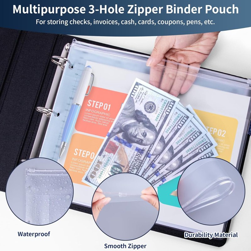 3 Ring Checkbook Binder with Zipper Pouch - Small PU Leather Organizer for Checks & Receipts, Navy Blue
