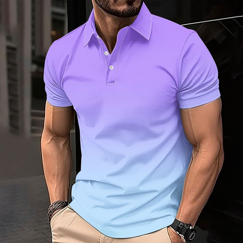 Men's Casual Polo Shirt Short Sleeve Button Collar Gradient Ribbed Knit Regular Fit