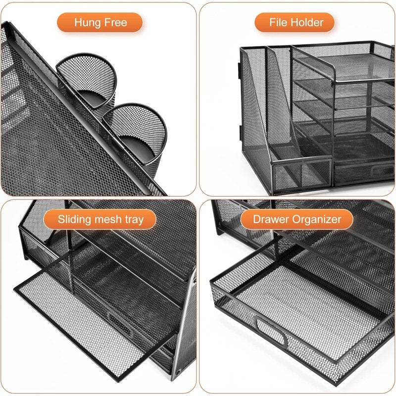 5-Tier Desktop File Organizer with Drawer and Pen Holders - Office & Home Storage