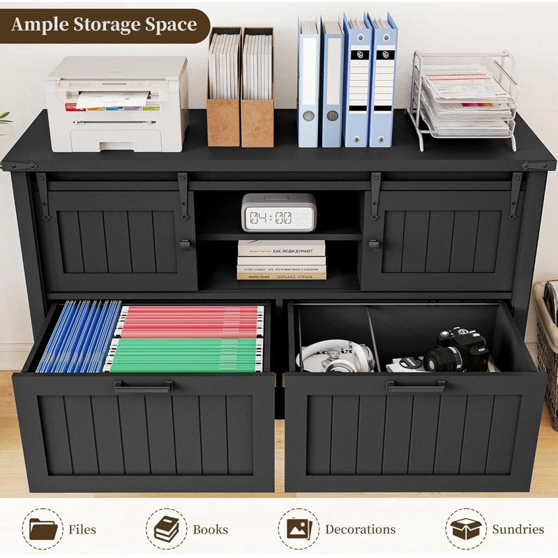 Farmhouse 2-Drawer Lateral File Cabinet with Sliding Doors & Charge Station