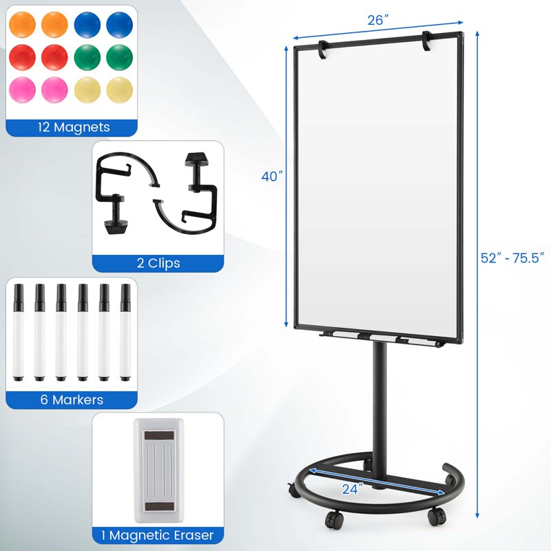 Adjustable Mobile Whiteboard with Stand - Magnetic Dry Erase Board 40'' x 26''