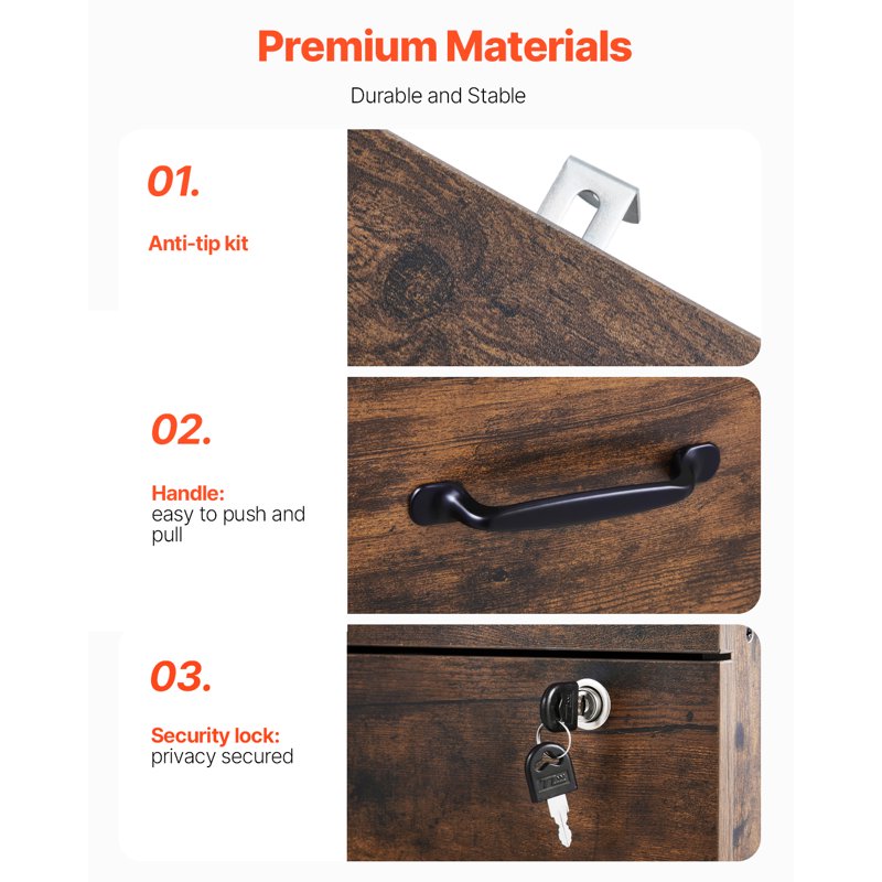 Lockable 3-Drawer File Cabinet - Vertical Office Storage with Adjustable Rod
