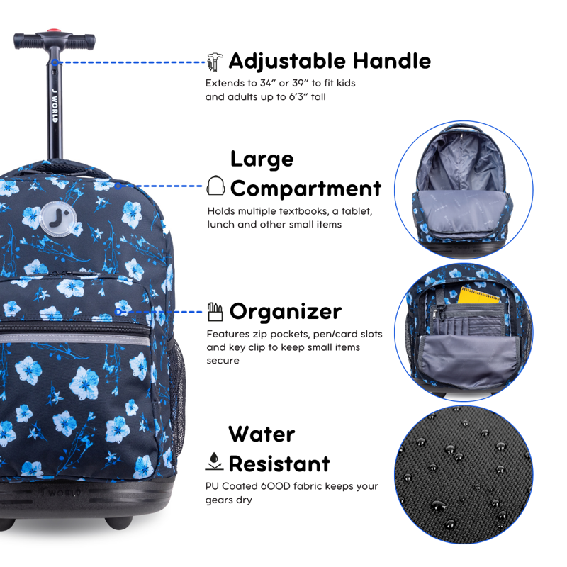 Girls 18-Inch Rolling Backpack for School and Travel - Night Bloom