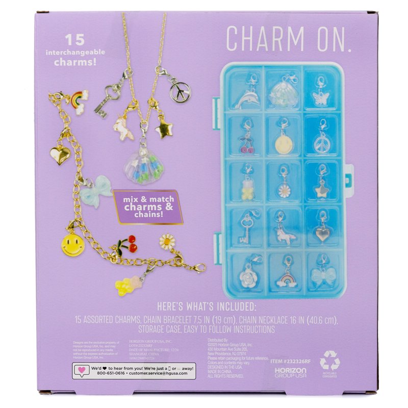 Multicolor Charm Jewelry Kit for Kids Ages 6+ with 15 Interchangeable Charms and Gold Chain