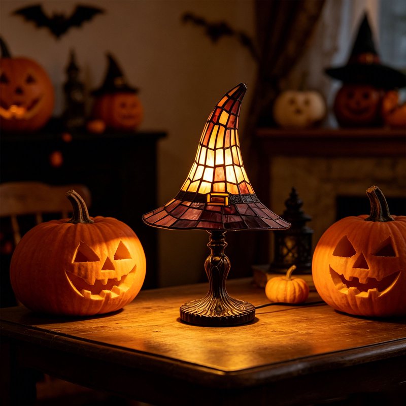 Halloween Witch Hat Lamp Tiffany-Style Night Light for Home & Party Decor