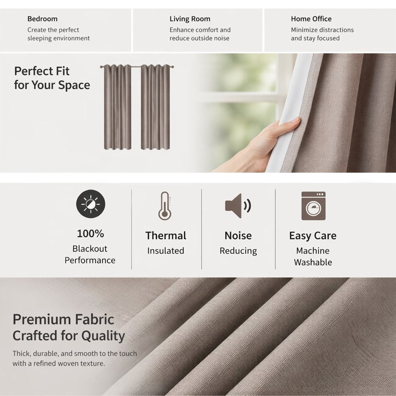 Blackout Linen Texture Curtains Set - Grommet Top Privacy Window Panels