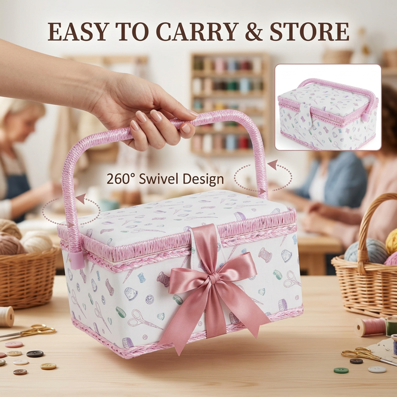 Vintage Wooden Sewing Basket Organizer with Removable Tray and Pin Cushion