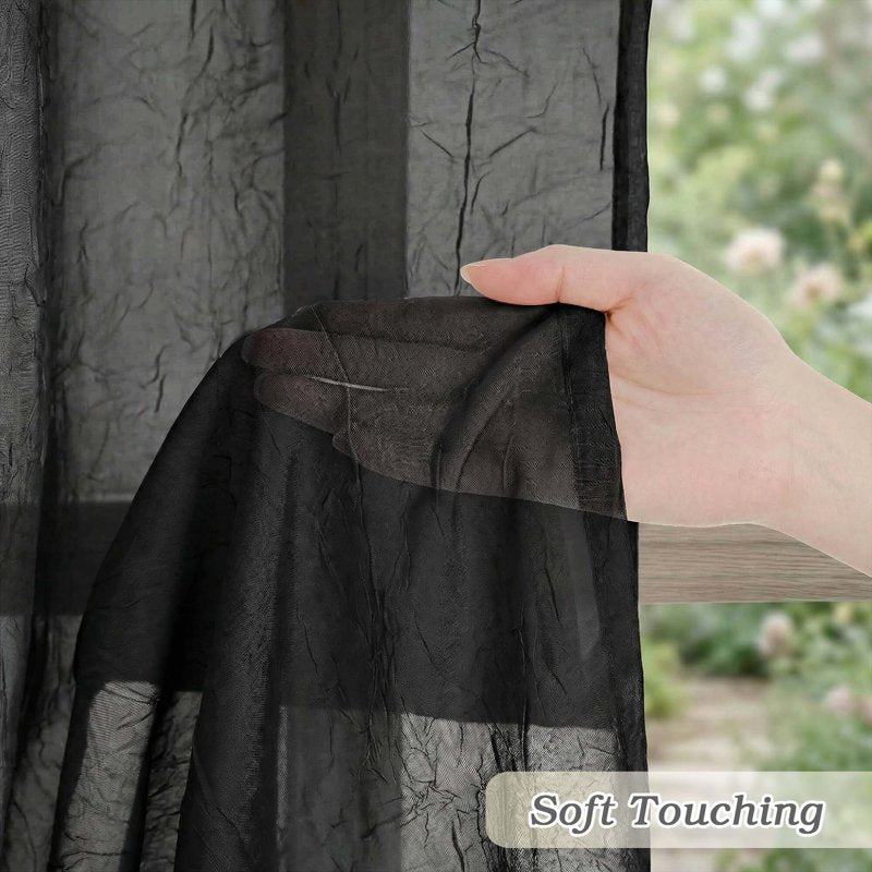MKHILL Black Crushed Sheer Curtains 72in 2 Panels Rod Pocket Drape Set - 42x72