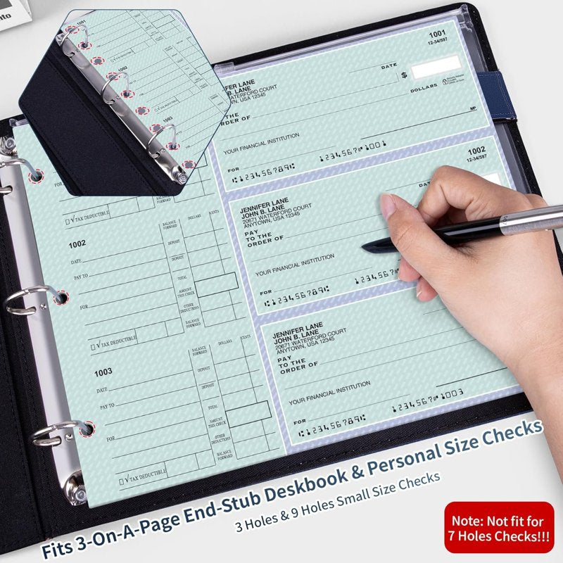 3 Ring Checkbook Binder with Zipper Pouch - Small PU Leather Organizer for Checks & Receipts, Navy Blue