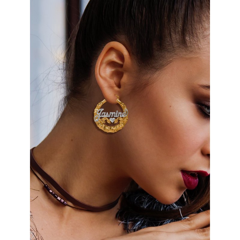 Personalized Bamboo Hoop Earrings with Beading and Rhodium Finish – Custom Name Jewelry