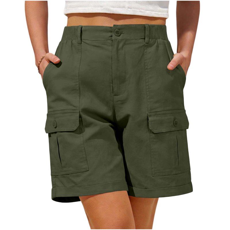 Women's Cargo Shorts with High Waist & Pockets - Summer Casual Twill Shorts