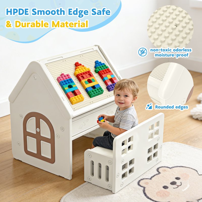 Kids 9-in-1 Activity Table with Storage, Drawing, Building & Play House