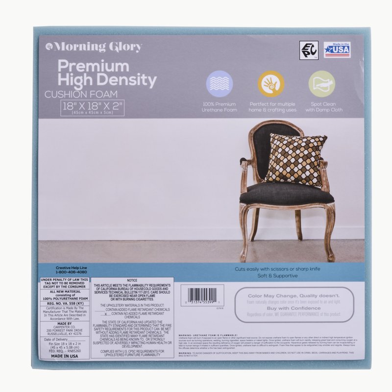 High Density Craft Foam Cushion 18x18x2 Inches for DIY Projects, Supports Chair and Bench Seats