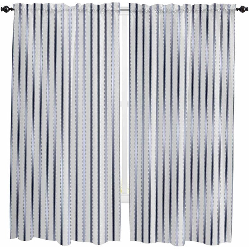 Navy Blue Striped Window Curtains - Farmhouse Style 2 Panels for Kitchen & Living Room