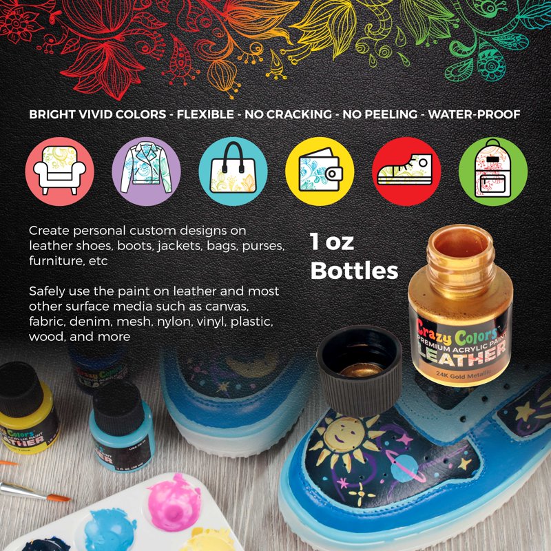 Leather & Shoe Paint Kit with Metallic Pearl Colors, Brush Set & Deglazer - Custom Shoe & Leather Art